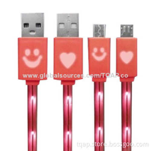 USB Cable with Heart or Smile Flash LED Light (Single Fiber Wire), 1.0m Length
